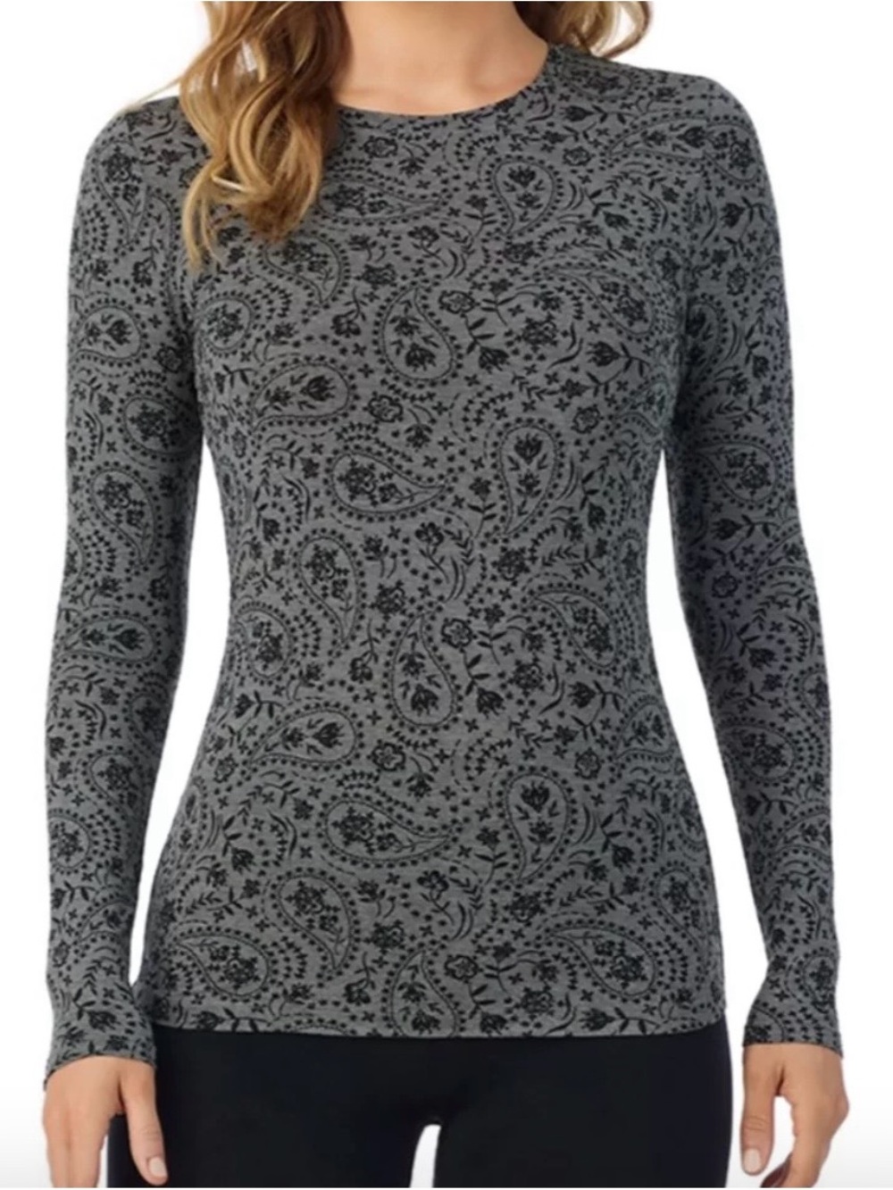NWT Sz M Cuddl Duds Softwear Black and Grey Paisley Long-Sleeve Crew Neck Top